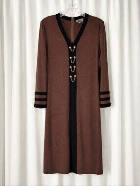 Vintage Mita Krinkle Spun Knit Sweater Dress Brown Black Gold Chain Trim Midi